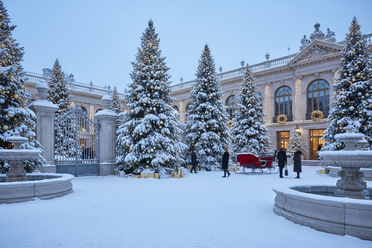christmas trees drenched in snow in a luxurious high profile location